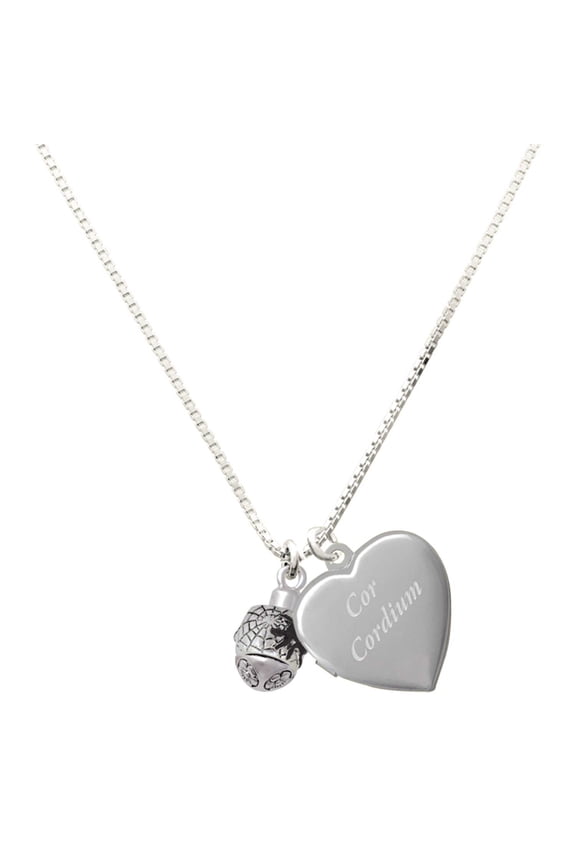Silver Plated Black Spider on Web Spinner - Engraved Cor Cordium Heart Locket Necklace, 17.5"+2" Extender