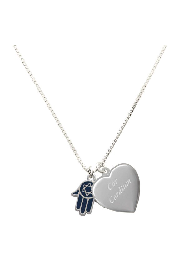 Silver Plated Blue Hamsa Hand with Star of David - Engraved Cor Cordium Heart Locket Necklace, 17.5"+2" Extender