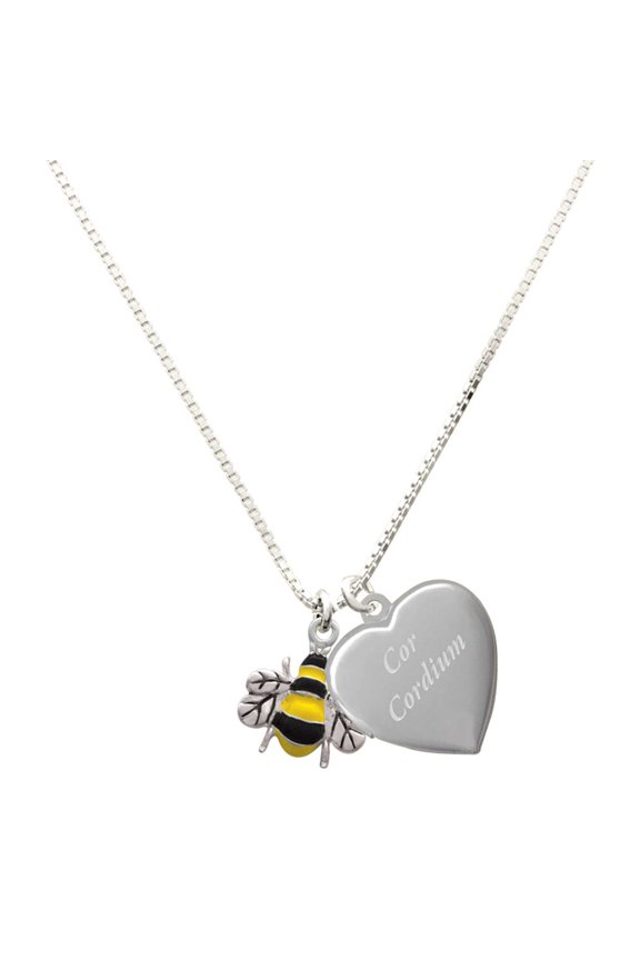 Silver Plated Enamel Bee - Engraved Cor Cordium Heart Locket Necklace, 17.5"+2" Extender