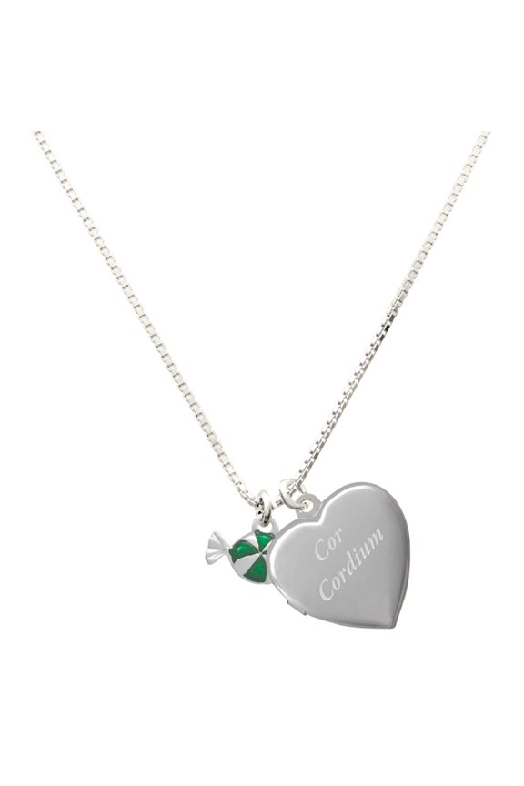 Silver Plated Green Peppermint Candy - Engraved Cor Cordium Heart Locket Necklace, 17.5"+2" Extender