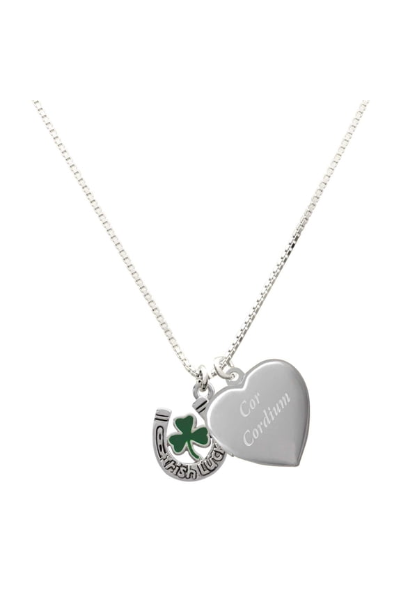 Silver Plated Irish Luck Horseshoe with Shamrock - Engraved Cor Cordium Heart Locket Necklace, 17.5"+2" Extender