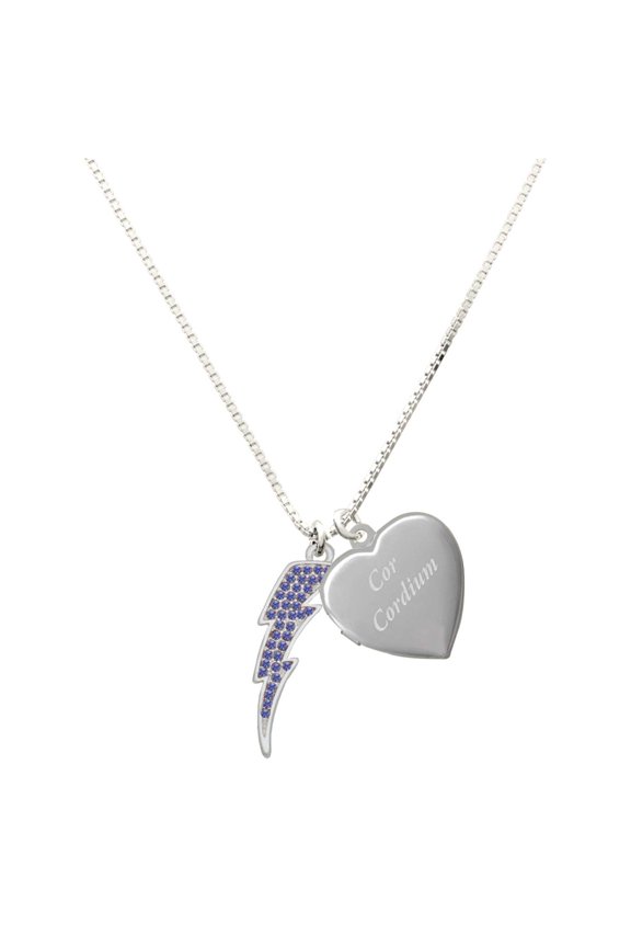Silver Plated Large Blue Crystal Lightning Bolt - Engraved Cor Cordium Heart Locket Necklace, 17.5"+2" Extender