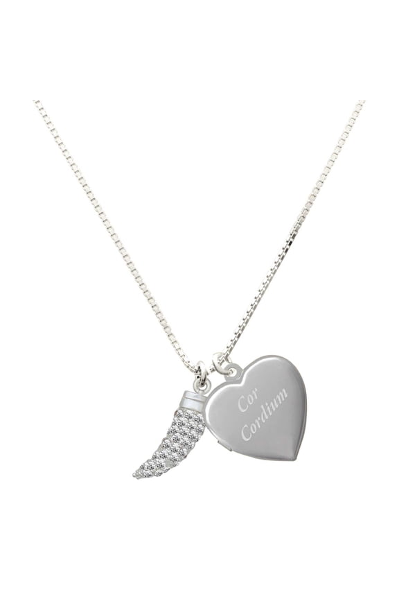 Silver Plated Large Crystal Lucky Tiger Tooth - Engraved Cor Cordium Heart Locket Necklace, 17.5"+2" Extender