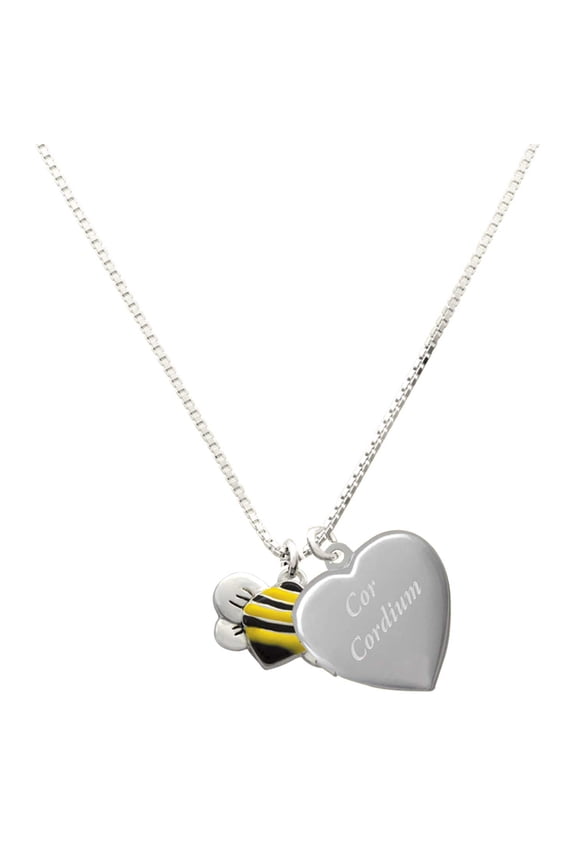 Silver Plated Large Enamel Bumble Bee - Engraved Cor Cordium Heart Locket Necklace, 17.5"+2" Extender