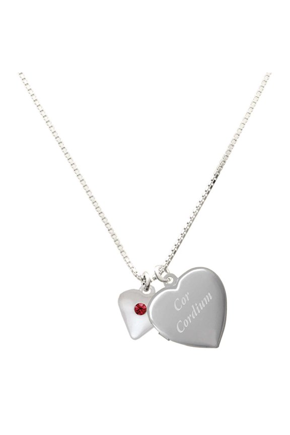 Silver Plated Large January - Maroon Crystal Heart - Engraved Cor Cordium Heart Locket Necklace, 17.5"+2" Extender