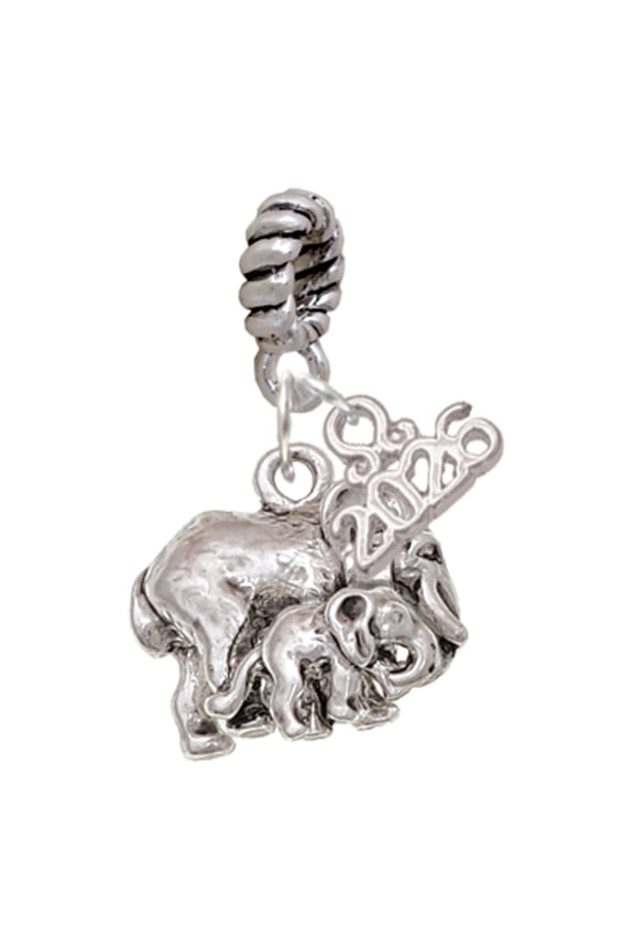 Silver Plated Loved Elephant with Calf - Rope Charm Bead Dangle with Mini 2026
