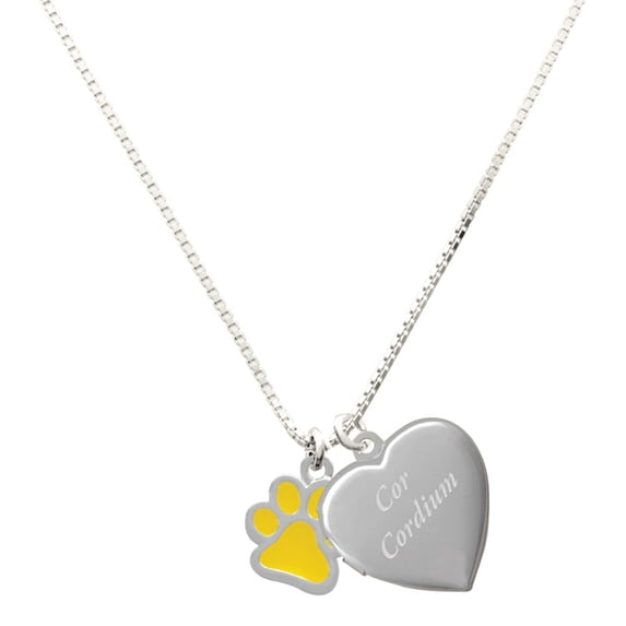 Delight Jewelry Silver Plated Medium Translucent Yellow Paw - Engraved Cor Cordium Heart Locket Necklace, 17.5"+2" Extender