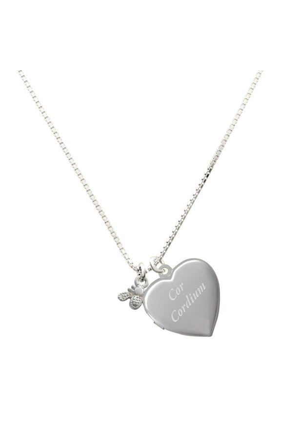 Silver Plated Mini Bee - Engraved Cor Cordium Heart Locket Necklace, 17.5"+2" Extender