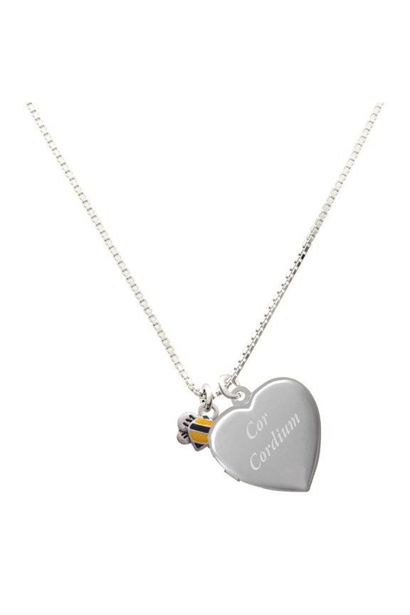 Silver Plated Mini Bumble Bee - Engraved Cor Cordium Heart Locket Necklace, 17.5"+2" Extender