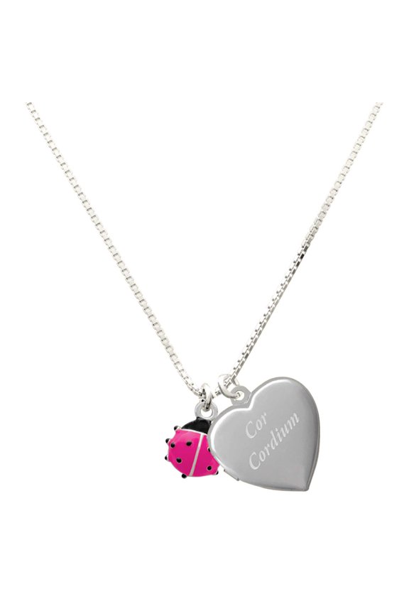 Silver Plated Mini Hot Pink Ladybug - Engraved Cor Cordium Heart Locket Necklace, 17.5"+2" Extender