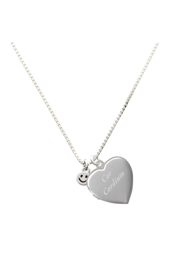 Silver Plated Mini Smiley Face - Engraved Cor Cordium Heart Locket Necklace, 17.5"+2" Extender