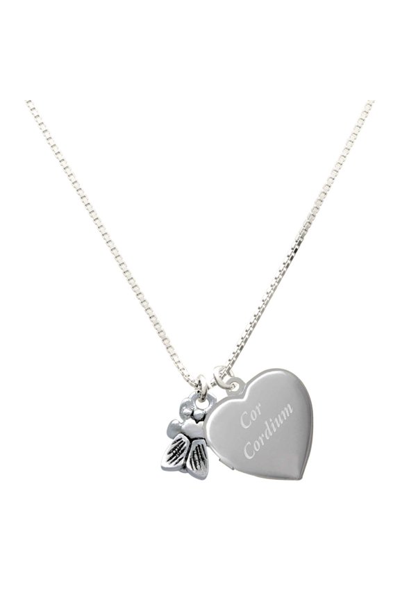Silver Plated Napoleon's Small Bee - Engraved Cor Cordium Heart Locket Necklace, 17.5"+2" Extender