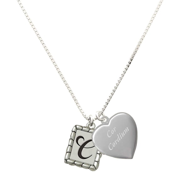 Delight Jewelry Silver Plated Pebble Border Initial - C - Engraved Cor Cordium Heart Locket Necklace, 17.5"+2" Extender