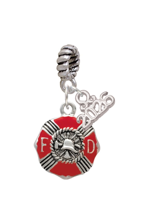 Silver Plated Red Enamel Fire Department Medallion - Rope Charm Bead Dangle with Mini 2026