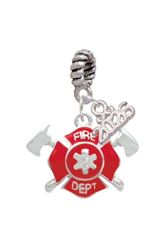 Silver Plated Red Fire Department Shield with Axes - Rope Charm Bead Dangle with Mini 2026