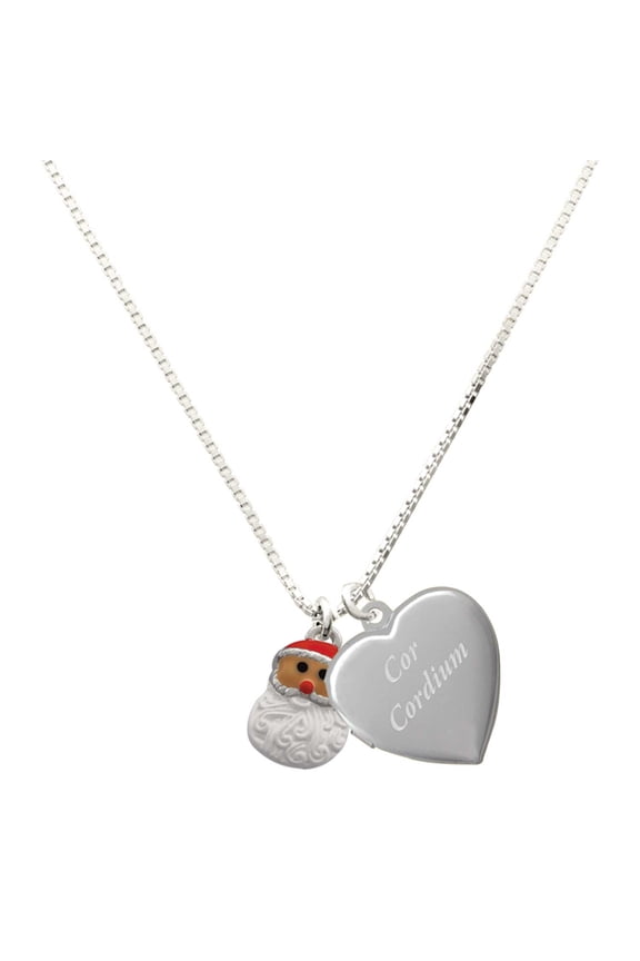 Silver Plated Santa Face with Curly Beard - Engraved Cor Cordium Heart Locket Necklace, 17.5"+2" Extender