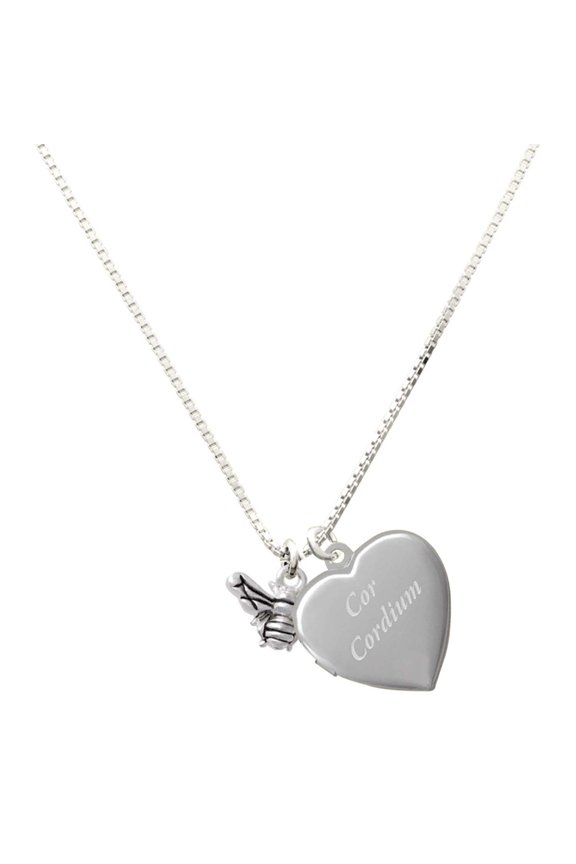 Silver Plated Small 3-D Bee - Engraved Cor Cordium Heart Locket Necklace, 17.5"+2" Extender