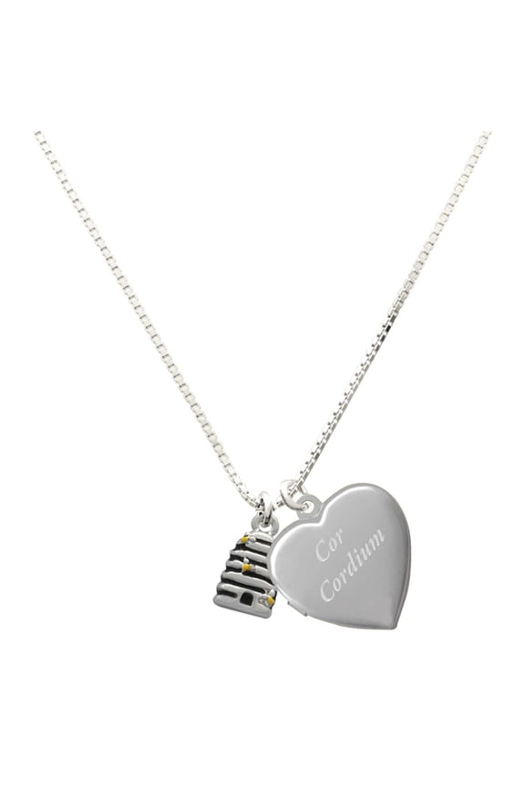 Silver Plated Small Beehive with 4 Bees - Engraved Cor Cordium Heart Locket Necklace, 17.5"+2" Extender