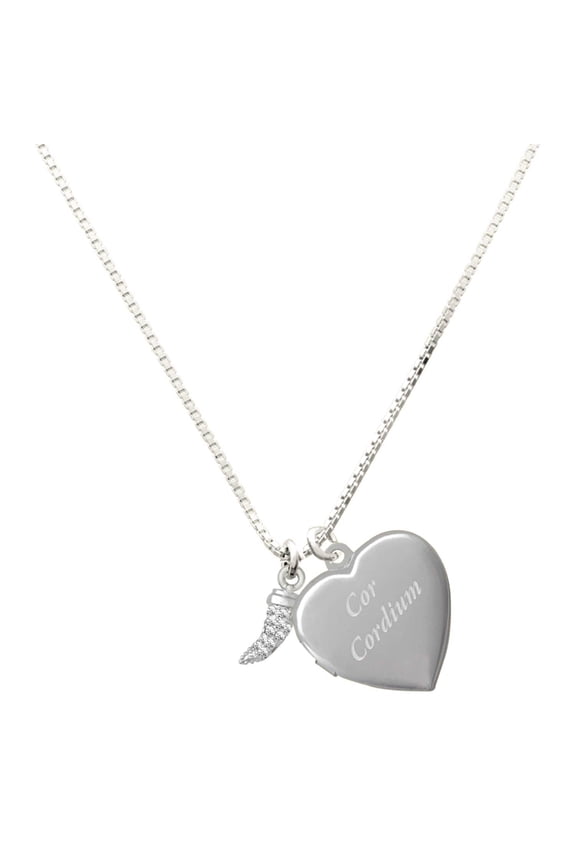 Silver Plated Small Crystal Lucky Tiger Tooth - Engraved Cor Cordium Heart Locket Necklace, 17.5"+2" Extender