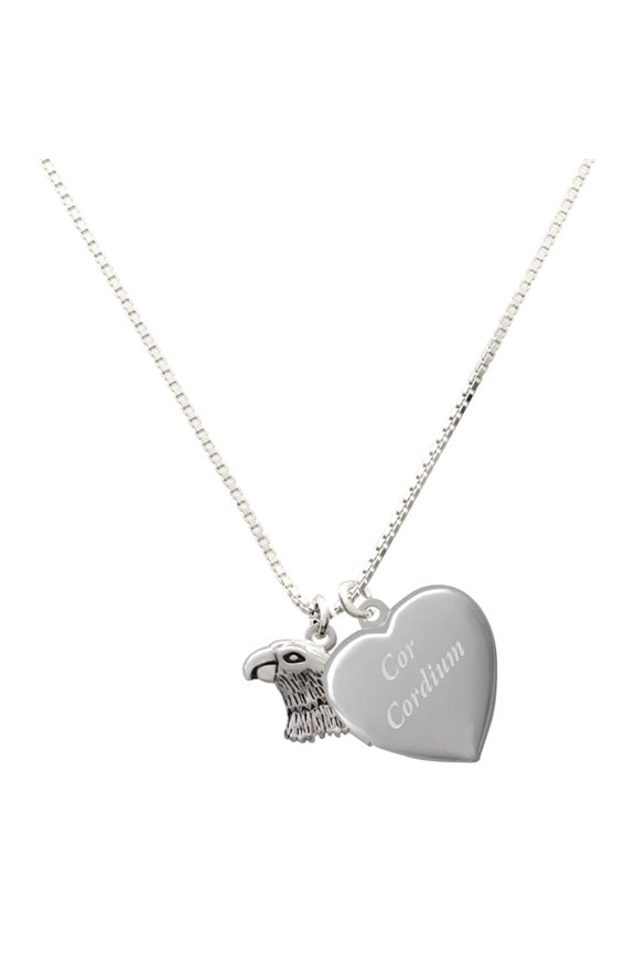 Silver Plated Small Falcon - Mascot - Engraved Cor Cordium Heart Locket Necklace, 17.5"+2" Extender