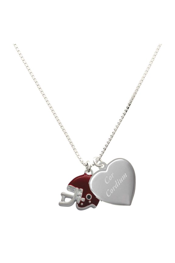 Silver Plated Small Maroon Football Helmet - Engraved Cor Cordium Heart Locket Necklace, 17.5"+2" Extender