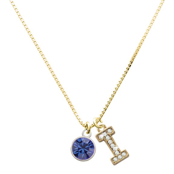 Delight Jewelry Silver-tone 10mm Blue Crystal Drop Charm and Goldtone Crystal Initial I Charm Necklace, 17.5"+2"
