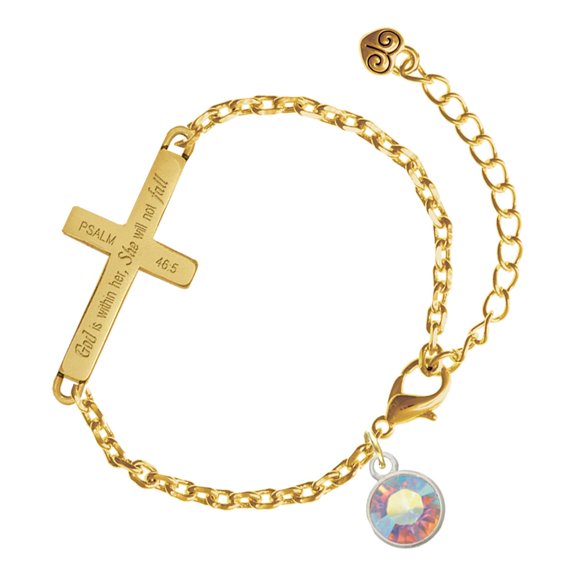 Delight Jewelry Silver-tone 10mm Clear AB Crystal Drop - Gold Tone Psalm 46:5 She will not fall Engraved Cross Charm Bracelet, 6.5+1.5" Extender