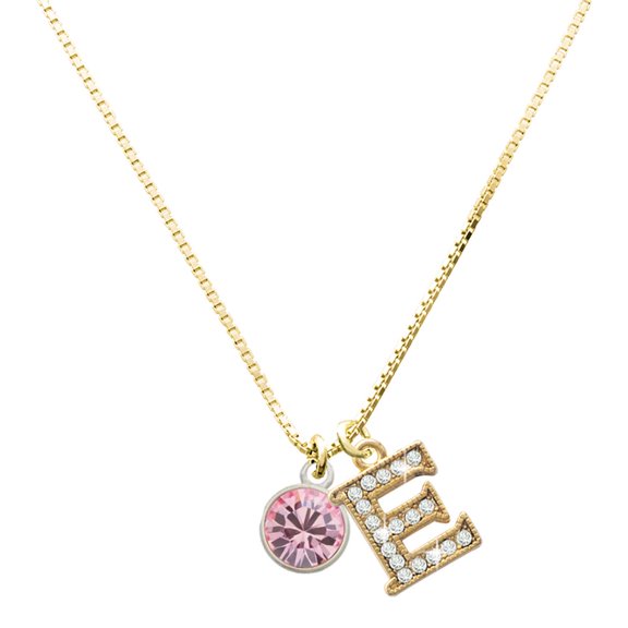 Delight Jewelry Silver-tone 10mm Light Pink Crystal Drop with Large Goldtone Crystal Initial E Charm Necklace, 17.5"+2"