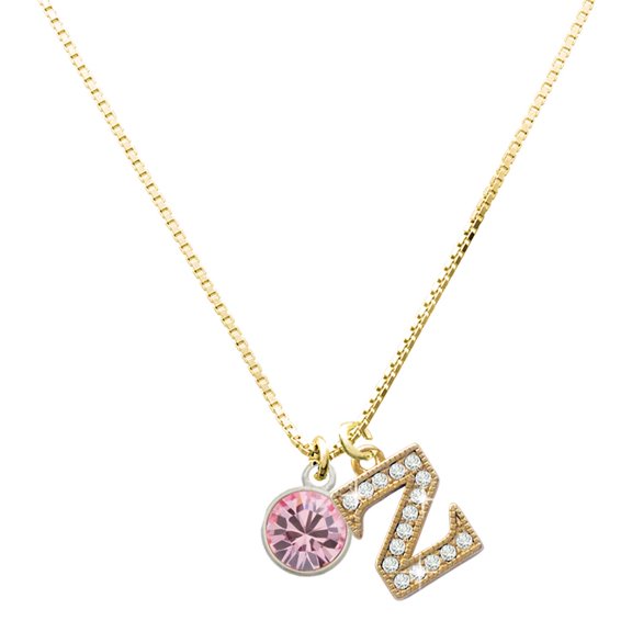 Delight Jewelry Silver-tone 10mm Light Pink Crystal Drop - Large Goldtone Crystal Initial - Z - Charm Necklace, 17.5"+2"