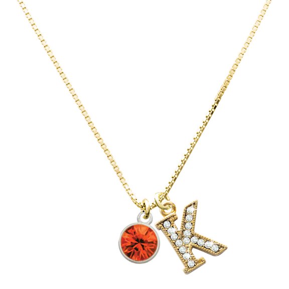 Delight Jewelry Silver-tone 10mm Orange Crystal Drop - Large Goldtone Crystal Initial - K - Charm Necklace, 17.5"+2"