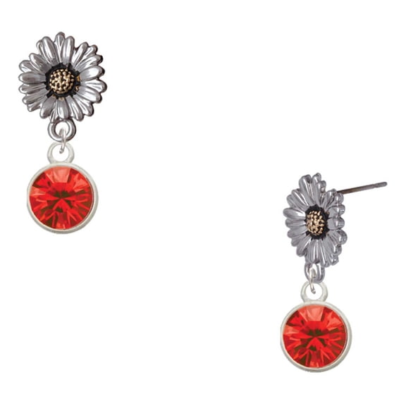 Delight Jewelry Silver-tone 10mm Red Crystal Drop - Two-tone Daisy Flower Post Earrings