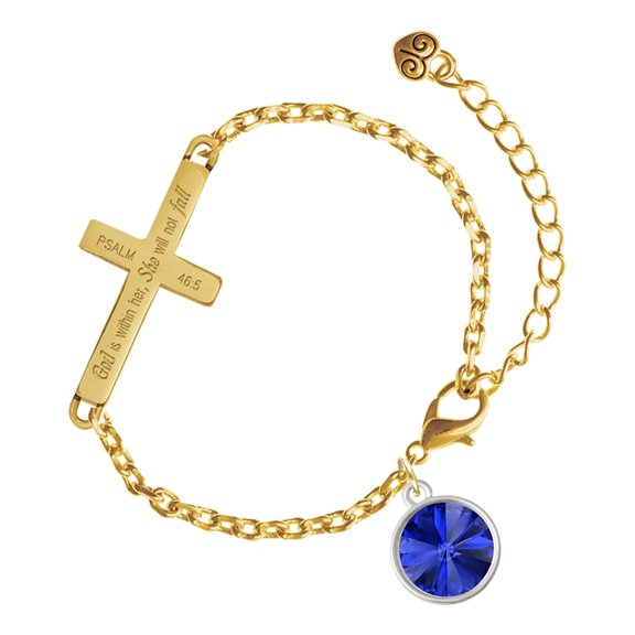 Delight Jewelry Silver-tone 12mm Crystal Rivoli - Blue - Gold Tone Psalm 46:5 She will not fall Engraved Cross Charm Bracelet, 6.5+1.5" Extender