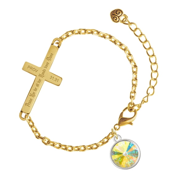 Delight Jewelry Silver-tone 12mm Crystal Rivoli - Clear AB - Gold Tone Proverbs 31:31 Praise Her for all Her Hands have Done Engraved Cross Charm Bracelet, 6.5+1.5" Extender