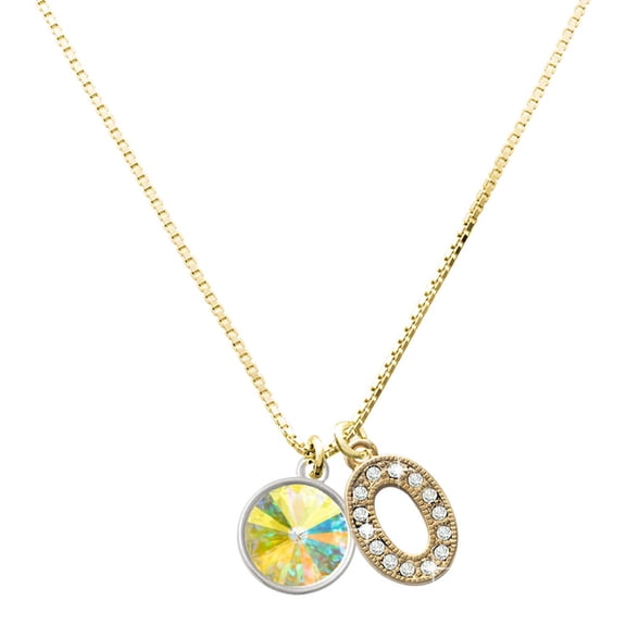 Delight Jewelry Large Goldtone Crystal Initial Necklace, featuring Silver Tone 12mm Crystal Rivoli - Clear AB Charm, 17.5"+2", O