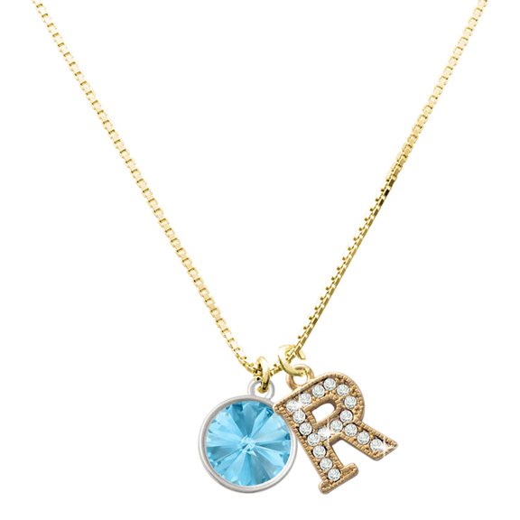 Delight Jewelry Silver-tone 12mm Crystal Rivoli - Hot Blue - Large Goldtone Crystal Initial - R - Charm Necklace, 17.5"+2"