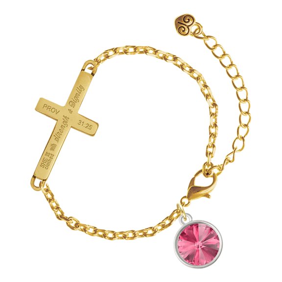 Delight Jewelry Silver-tone 12mm Crystal Rivoli - Hot Pink - Gold Tone Proverbs 31:25 She is Clothed with Strength and Dignity Engraved Cross Charm Bracelet, 6.5+1.5" Extender