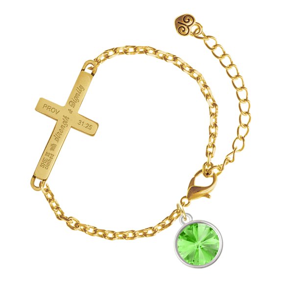 Delight Jewelry Silver-tone 12mm Crystal Rivoli - Lime Green - Gold Tone Proverbs 31:25 She is Clothed with Strength and Dignity Engraved Cross Charm Bracelet, 6.5+1.5" Extender
