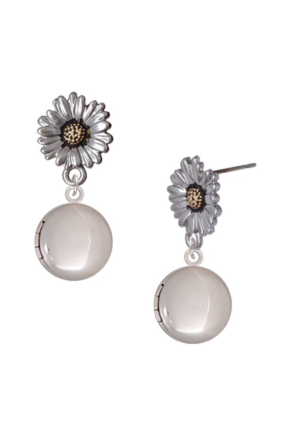 Silver-tone 13.5mm Round Locket - Two-tone Daisy Flower Post Earrings