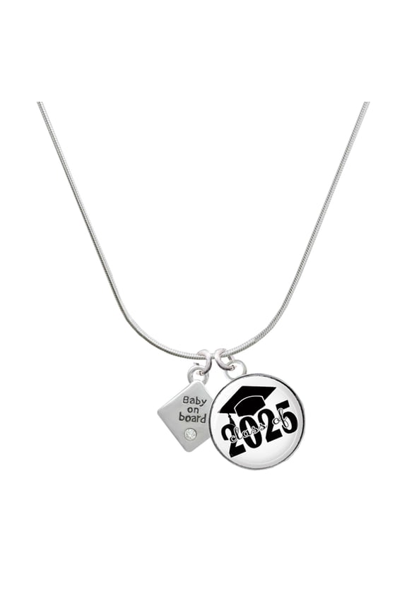 Silver-tone 2-D ''Baby on Board'' Sign with Foot Print - Script Class of 2025 Dome Charm Necklace, 18"