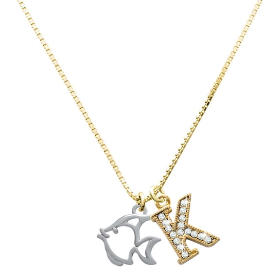 Delight Jewelry Silver-tone 2-D Open Angel Fish - Large Goldtone Crystal Initial - K - Charm Necklace, 17.5"+2"