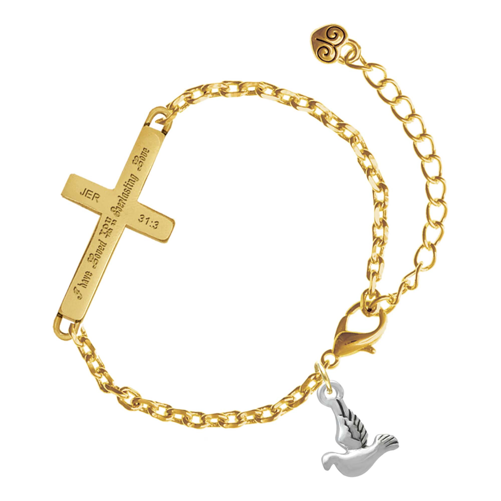 Delight Jewelry Silver-tone 2-D Small Dove - Gold Tone Jeremiah 31:3 Everlasting Love Engraved Cross Charm Bracelet, 6.5+1.5" Extender