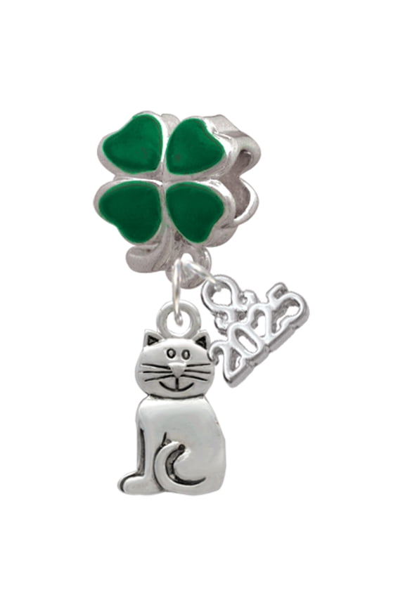 Silver-tone 2-D Smiling Cat - Good Luck Green Four Leaf Clover Charm Bead Dangle with Mini 2025
