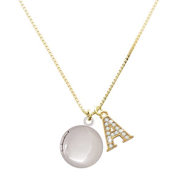 Delight Jewelry Silver-tone 20mm Round Locket - Large Goldtone Crystal Initial - A - Charm Necklace, 17.5"+2"
