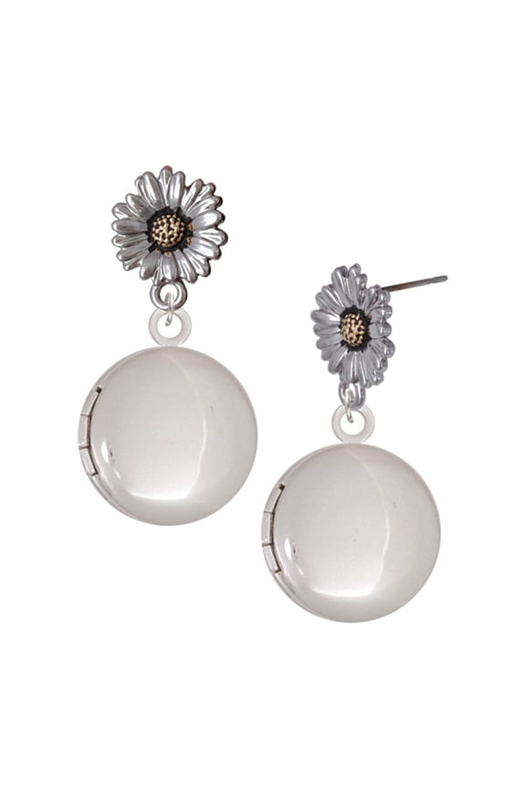 Silver-tone 20mm Round Locket - Two-tone Daisy Flower Post Earrings