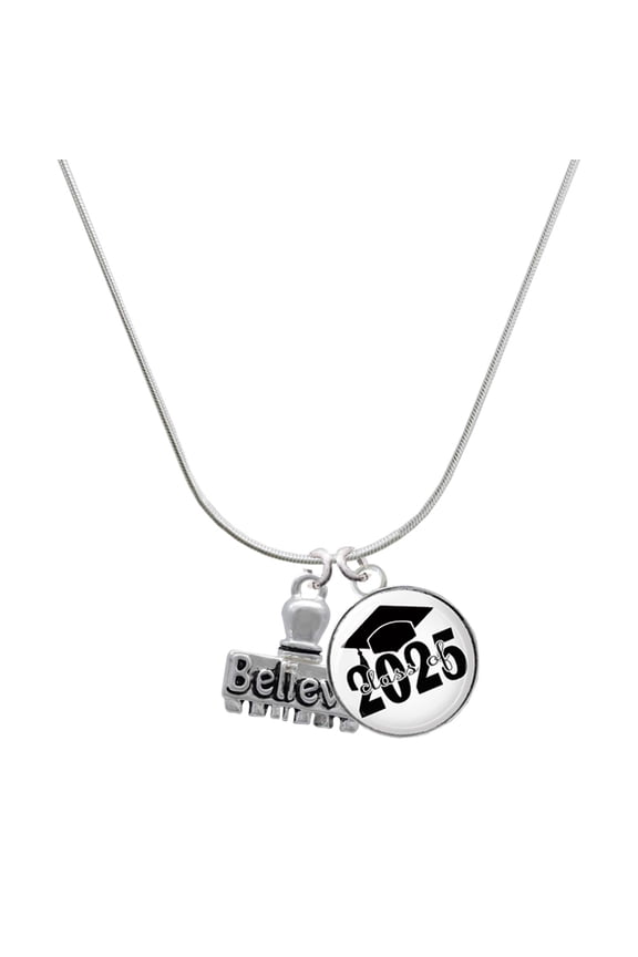 Silver-tone 3-D ''Believe'' Stamp - Script Class of 2025 Dome Charm Necklace, 18"