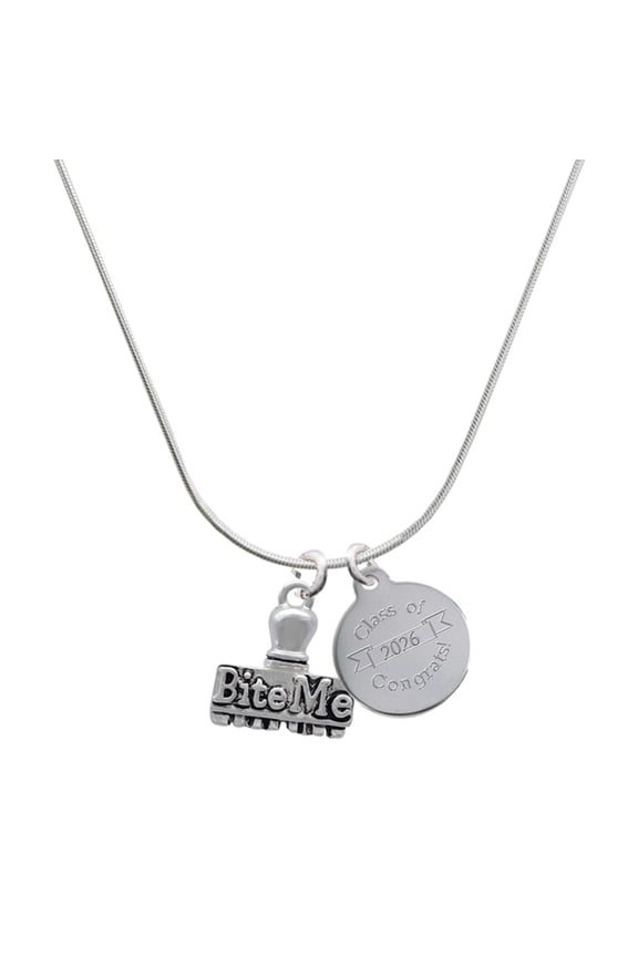 Silver-tone 3-D ''Bite Me'' Stamp - Engraved Congrats Class of 2026 Charm Necklace, 18"