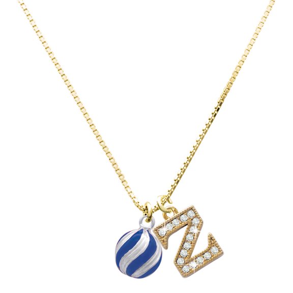 Delight Jewelry Silver-tone 3-D Blue Striped Ornament - Large Goldtone Crystal Initial - Z - Charm Necklace, 17.5"+2"