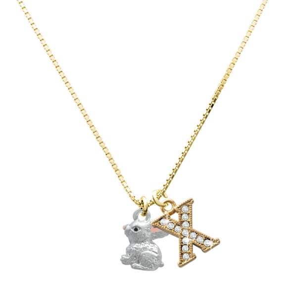 Delight Jewelry Silver-tone 3-D Bunny - Large Goldtone Crystal Initial - X - Charm Necklace, 17.5"+2"