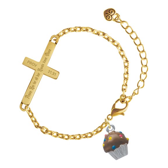 Delight Jewelry Silver-tone 3-D Chocolate Cupcake with Sprinkles - Gold Tone Proverbs 31:31 Praise Her for all Her Hands have Done Engraved Cross Charm Bracelet, 6.5+1.5" Extender