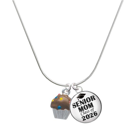 Delight Jewelry Silver-tone 3-D Chocolate Cupcake with Sprinkles - Silvertone Senior Mom Class of 2026 Dome Necklace, 18"